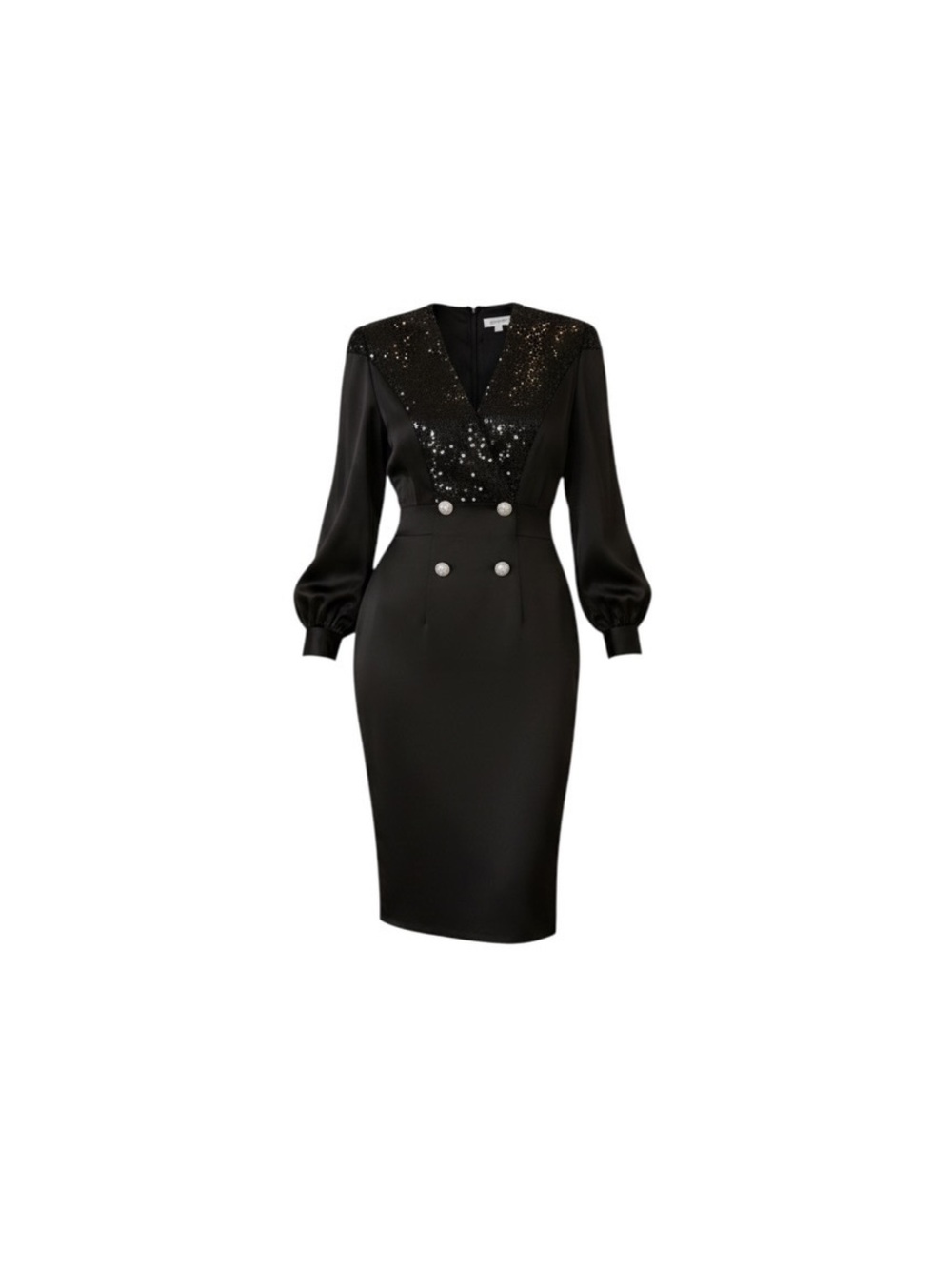 Criscione Black Sequin Tuxedo-Inspired Pencil Dress
